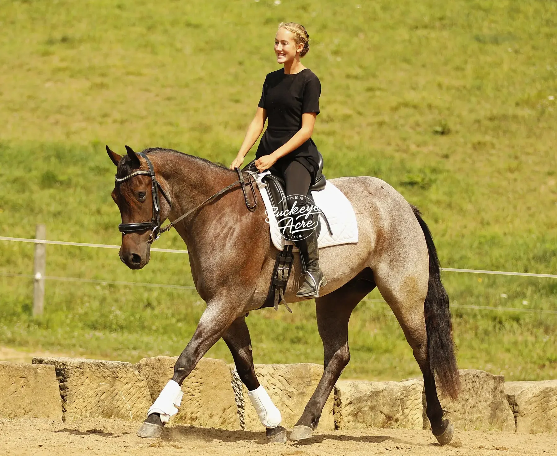 Young woman riding a brown horse in an outdoor arena, wearing a black shirt and riding boots, smile on her face.