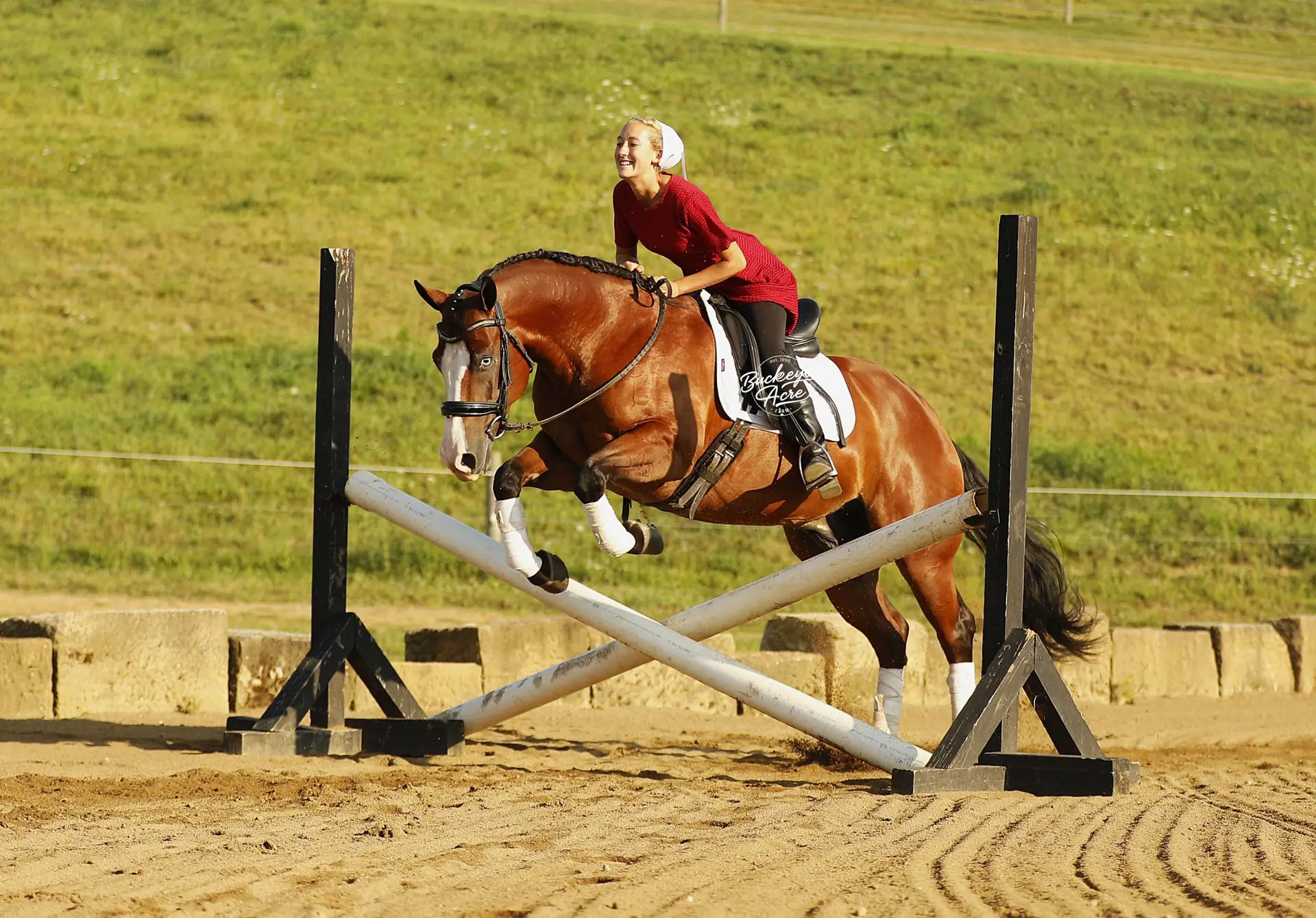 Horse and rider clearing a show-jumping obstacle in an outdoor arena; rider wears red shirt and white helmet.