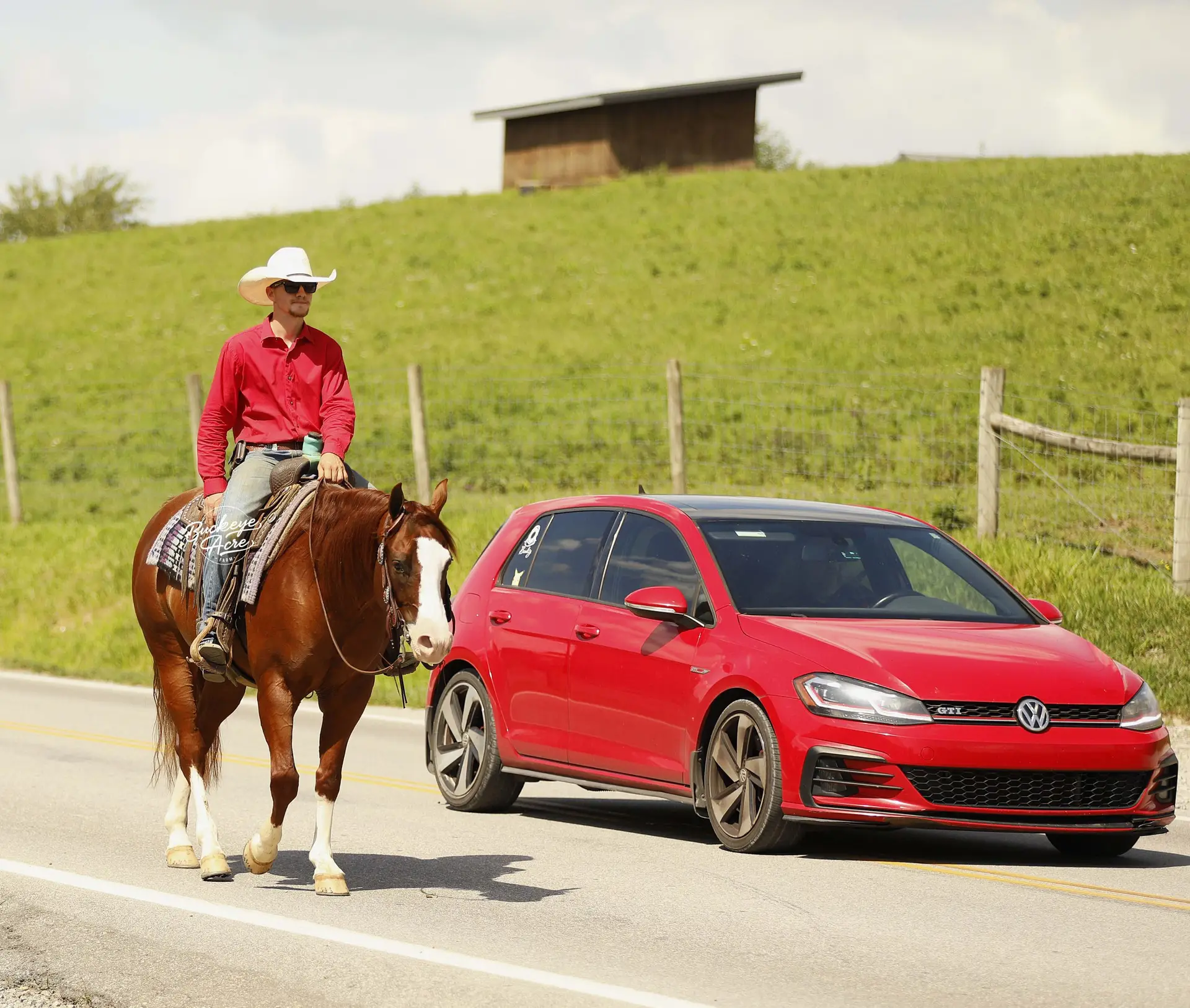 Cowboy in a red shirt and white hat rides a horse beside a red car on a rural road.