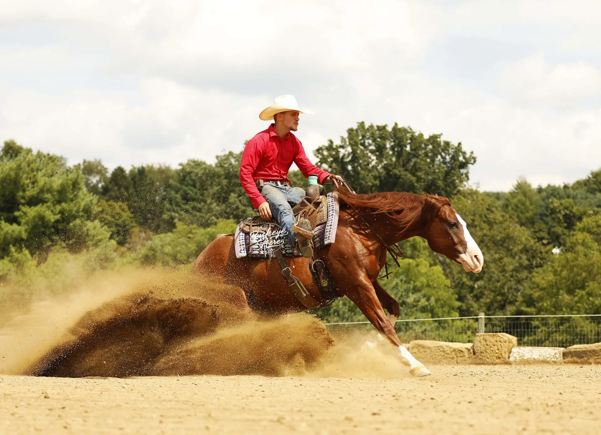 Cowboy in a red shirt rides a bucking horse, kicking up a cloud of dirt in an outdoor arena under a cloudy sky visioned landscape